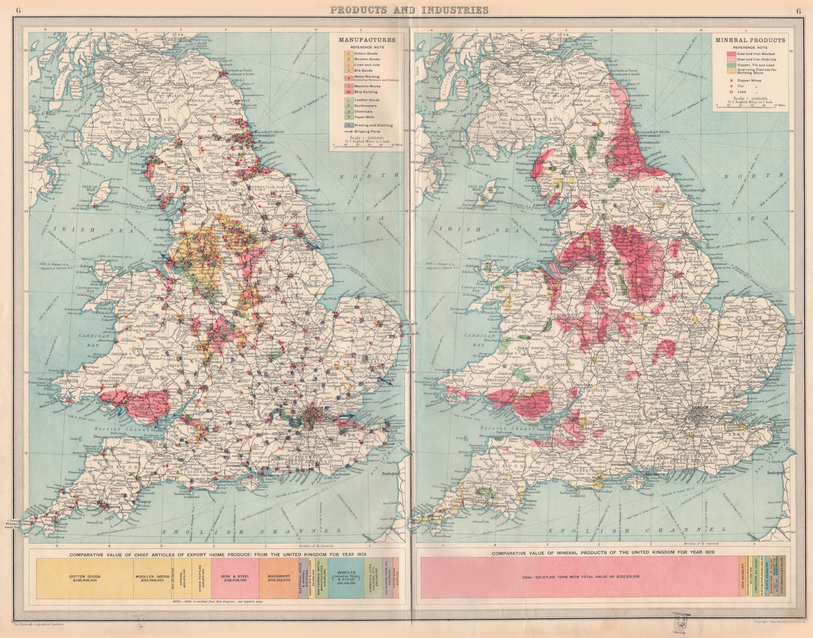 ENGLAND WALES.Mining Manufacturing Products Industries Coal Cu Tin Pb 1939 map